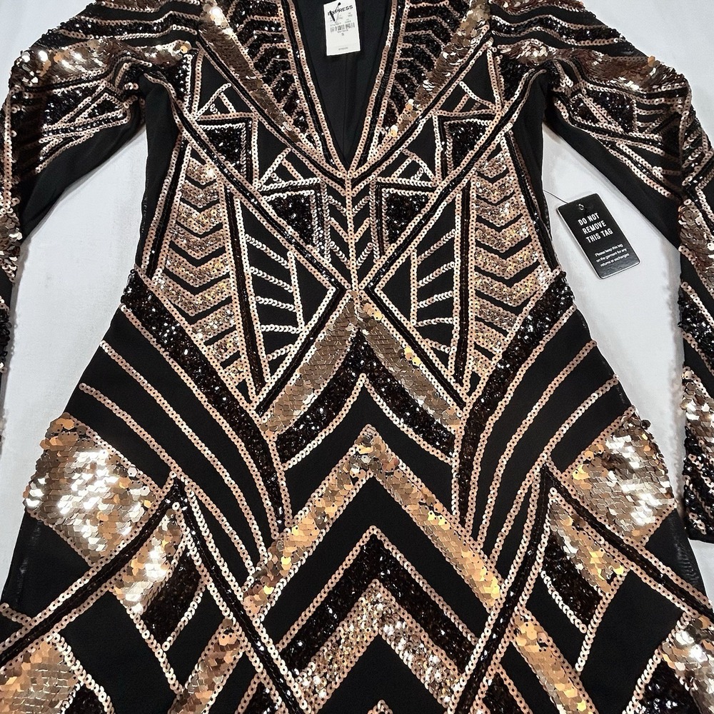 NEW EXPRESS Black Gold Sequin Geometric Bodycon Dress S Glam Holiday Party $118 - Picture 3 of 16